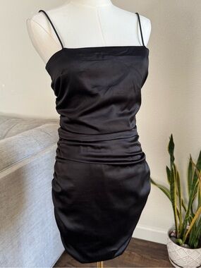Black Satin Ruched Bodycon Mini Dress Small Spaghetti Strap Party Cocktail Club
